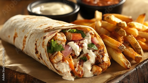 A kebab wrap served with creamy sauce and a side of fries