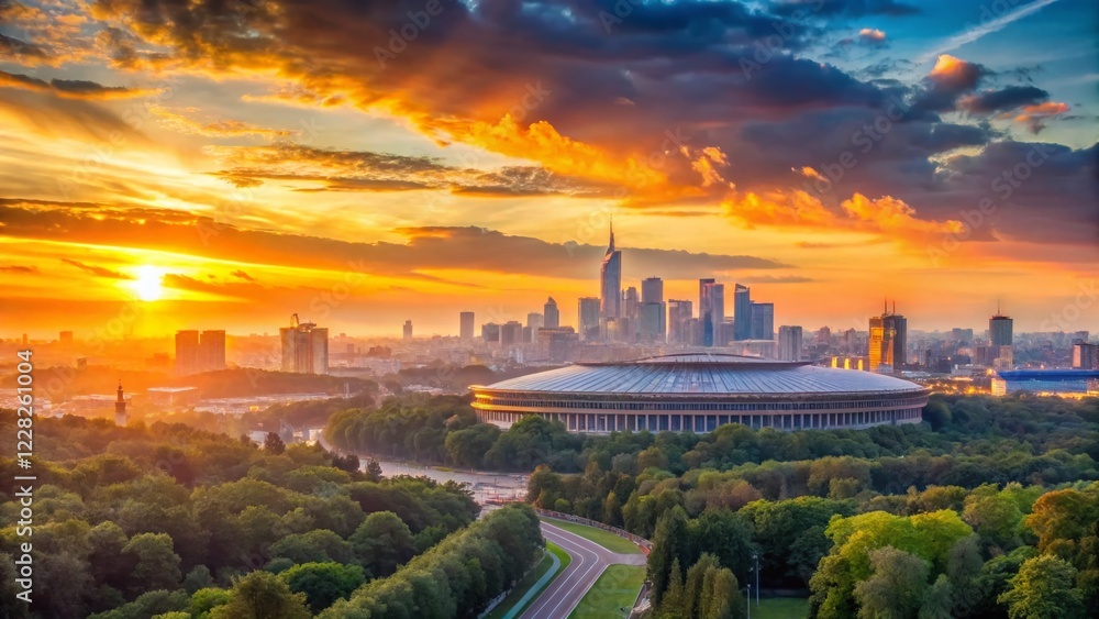 Fototapeta premium Minimalist Moscow Sunset Panorama: Vorobyovy Gory & Luzhniki Stadium Timelapse