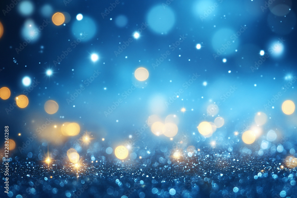 Golden Bokeh and Glowing Particles on Blue Background with Shimmering Lights for Festive, Elegant, and Celebration Designs Golden Bokeh and Glowing Particles on Blue Background with Shimmering Lights for Festive, Elegant, and Celebration Designs