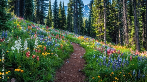 Wildflower Trail Through Lush Alpine Forest photo