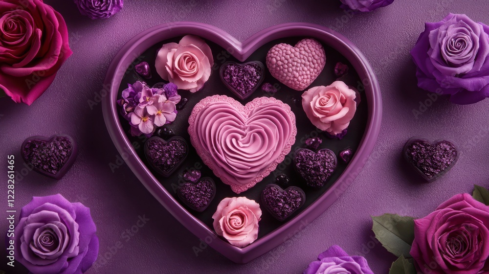 A whimsical purple heart-shaped box overflows with delightful cupcakes and vibrant roses, capturing the essence of love and sweetness on Valentine's Day. A whimsical purple heart-shaped box overflows with delightful cupcakes and vibrant roses, capturing the essence of love and sweetness on Valentine's Day.
