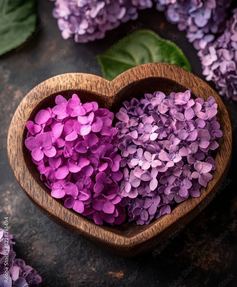A charming wooden heart-shaped bowl cradles vibrant purple flowers, creating a romantic centerpiece that celebrates love and affection on Valentine's Day. A charming wooden heart-shaped bowl cradles vibrant purple flowers, creating a romantic centerpiece that celebrates love and affection on Valentine's Day.