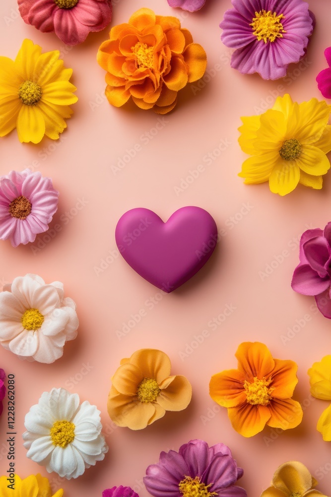 A vibrant bouquet of flowers encircles a delicate heart, set against a soft pink backdrop, embodying the essence of love and romance on Valentine's Day. A vibrant bouquet of flowers encircles a delicate heart, set against a soft pink backdrop, embodying the essence of love and romance on Valentine's Day.