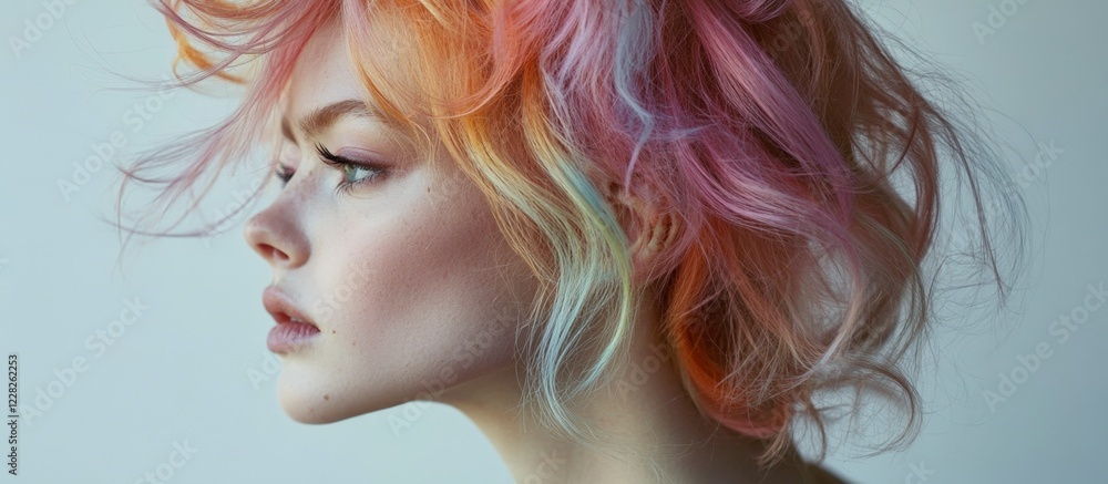 Fototapeta premium Woman with Pastel Pink and Orange Hair, Profile View