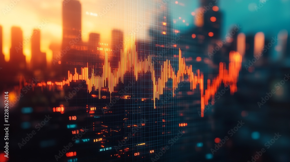 Fototapeta premium Illuminated financial graphs against urban sunset backdrop city lights : Generative AI