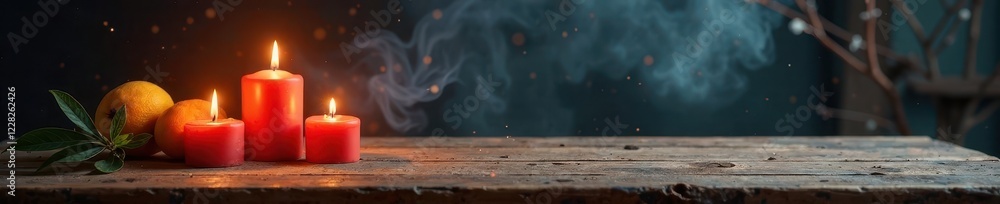 Wooden table with flickering candles and smoke, soft, Wooden table with flickering candles and smoke, soft,