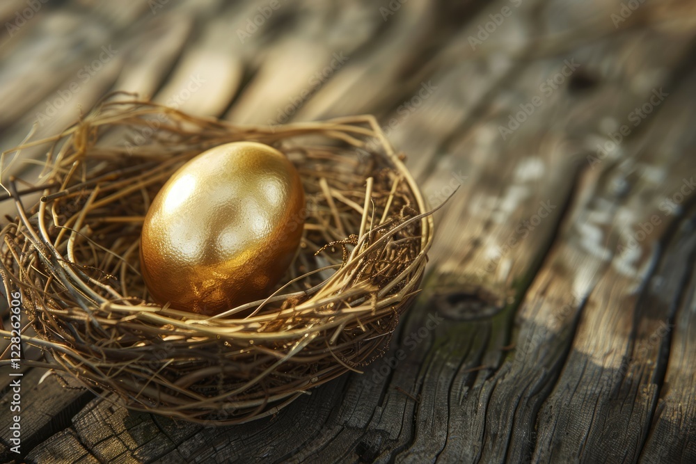 Golden egg in nest on wooden surface. Neural network AI generated Golden egg in nest on wooden surface. Neural network AI generated