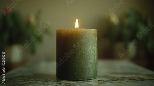 A lit green candle on a marble surface, creating a serene atmosphere.