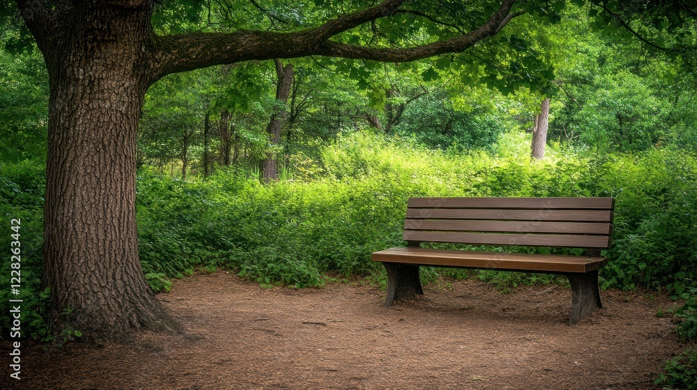 Wooden park bench sits beneath a large tree in a forest Wooden park bench sits beneath a large tree in a forest