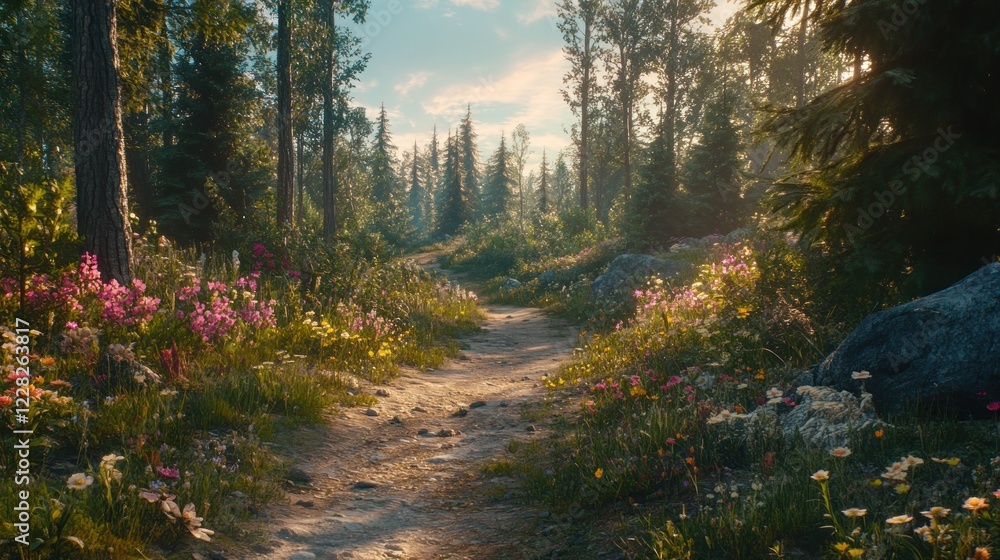 Obraz premium Sunlit Forest Path With Blooming Wildflowers
