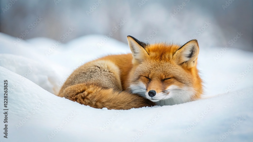 Obraz premium Minimalist Snow Scene: Sleeping Red Fox in Japan