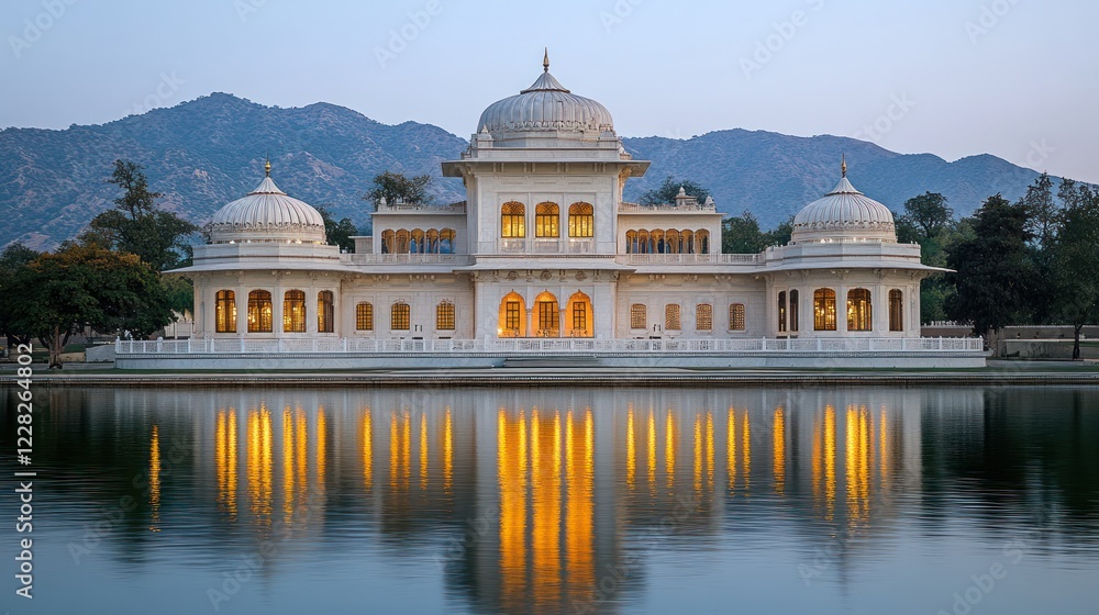 Fototapeta premium Palace lake reflection, sunset, mountains, India, tourism
