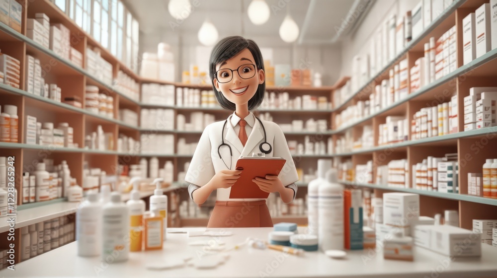 Friendly pharmacist smiling while holding a tablet in a pharmacy Friendly pharmacist smiling while holding a tablet in a pharmacy