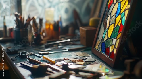 Scene of a stained glass crafting setup. Featuring glass pieces, tools, and a completed stained glass piece. Highlighting the art of stained glass. Ideal for DIY and craft blogs. photo