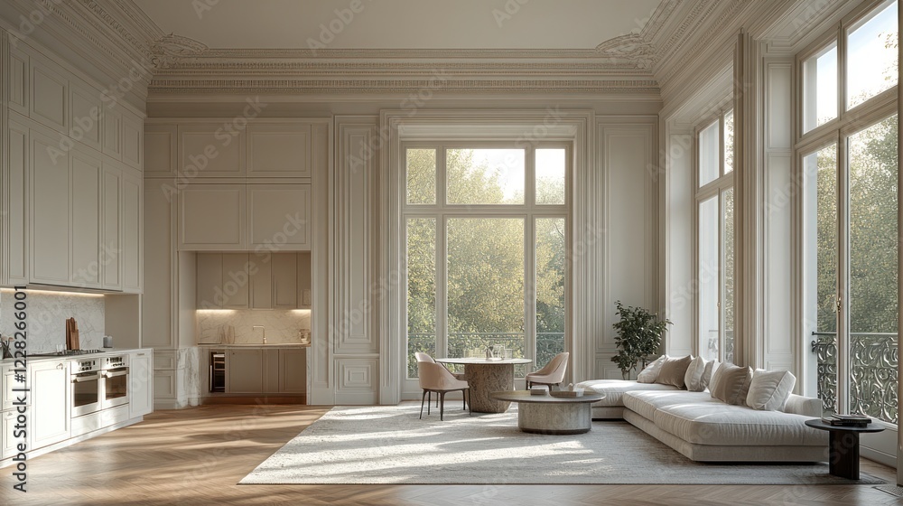 Obraz premium Parisian apartment, sunlit living room, autumn view, interior design