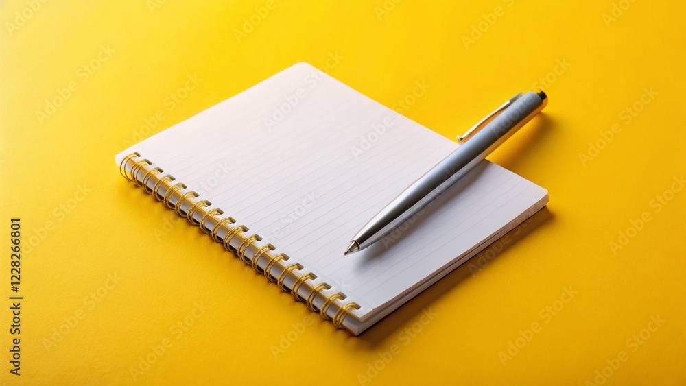 Minimalist White Notebook & Pen on Vibrant Yellow Background - Ready for Notes & Ideas - Tilt-Shift Photography Minimalist White Notebook & Pen on Vibrant Yellow Background - Ready for Notes & Ideas - Tilt-Shift Photography