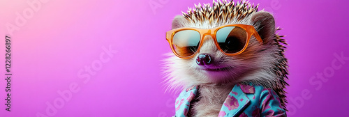 Adorable hedgehog wearing sunglasses and flashy suit on vibrant purple background