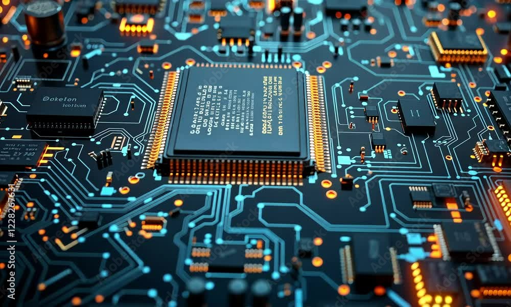 Close-up processor, circuit board, glowing, technology, digital, background Close-up processor, circuit board, glowing, technology, digital, background