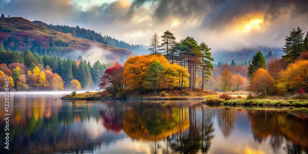 Fototapeta premium Misty Loch Mudle Woodland, Ardnamurchan, Scotland - Winter Solstice