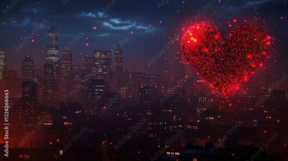 Fototapeta premium 3D Red Heart Floating Over Night City Skyline with Glowing Particles, Romantic Digital Art Wallpaper for Ads