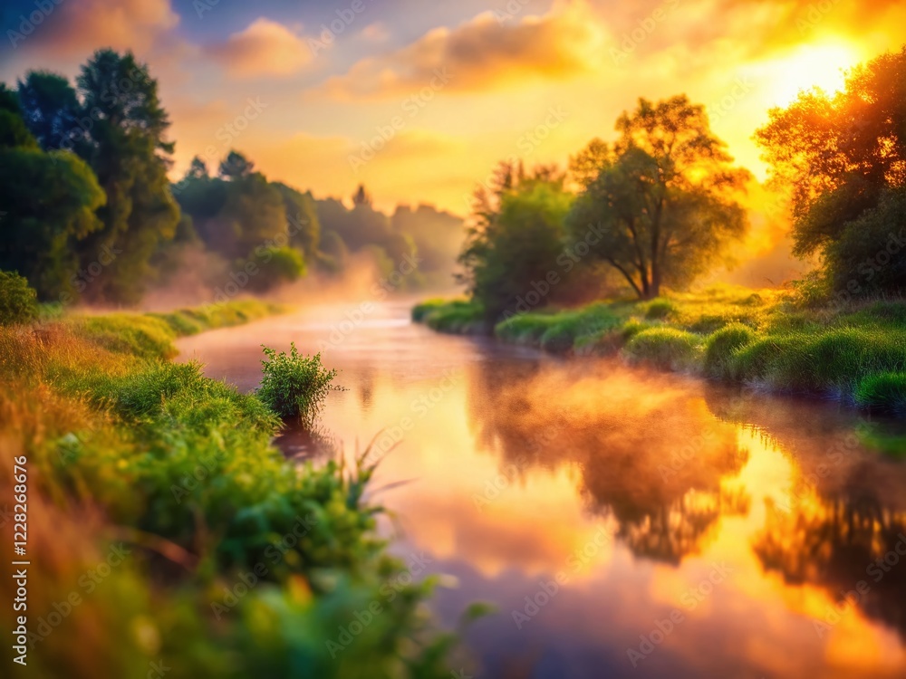 Fototapeta premium Misty Summer Sunrise River: Tilt-Shift Foggy Morning Landscape