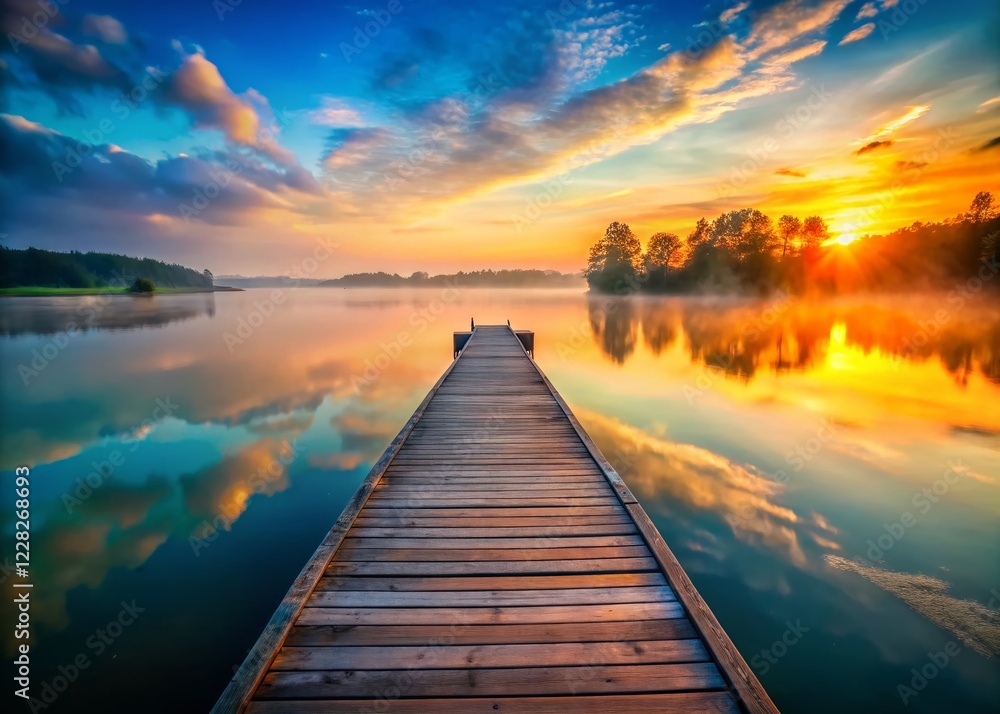 Misty Sunrise Over Serene Lake with Wooden Pier - Peaceful Nature Stock Photo Misty Sunrise Over Serene Lake with Wooden Pier - Peaceful Nature Stock Photo