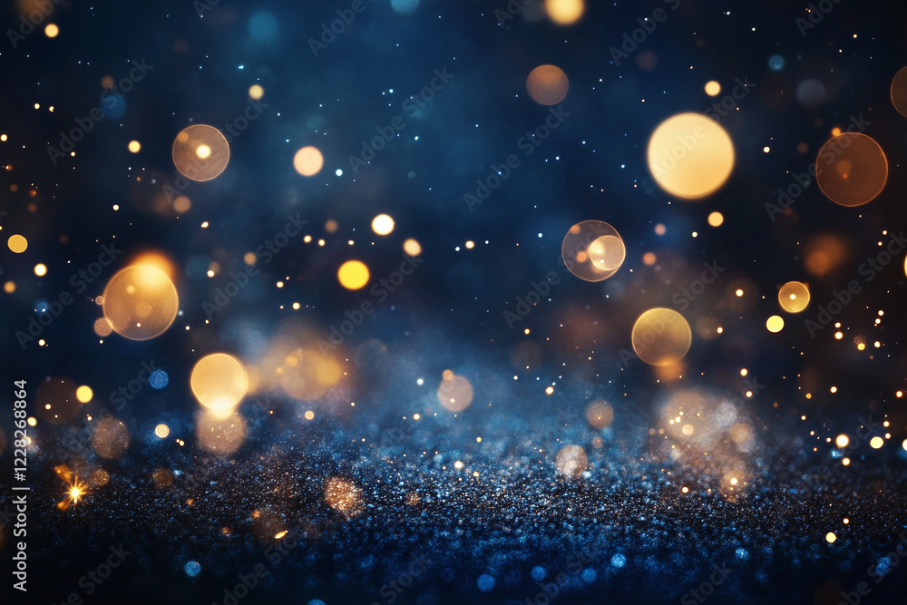 Golden Bokeh and Glowing Particles on Blue Background with Shimmering Lights for Festive, Elegant, and Celebration Designs Golden Bokeh and Glowing Particles on Blue Background with Shimmering Lights for Festive, Elegant, and Celebration Designs