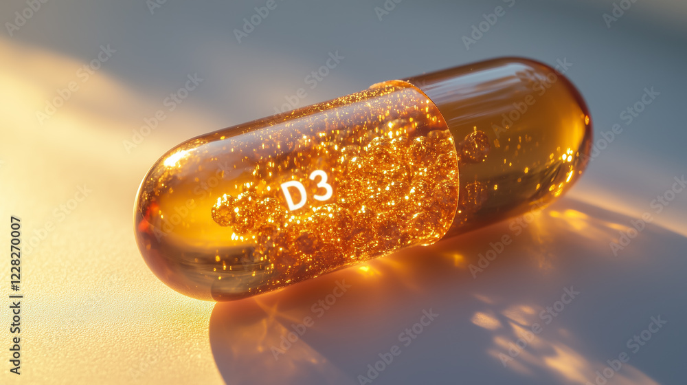 Fototapeta premium Close-up photo of a golden semi-transparent capsule filled with gel, labeled 'D3', against a light background, showcasing the contents.