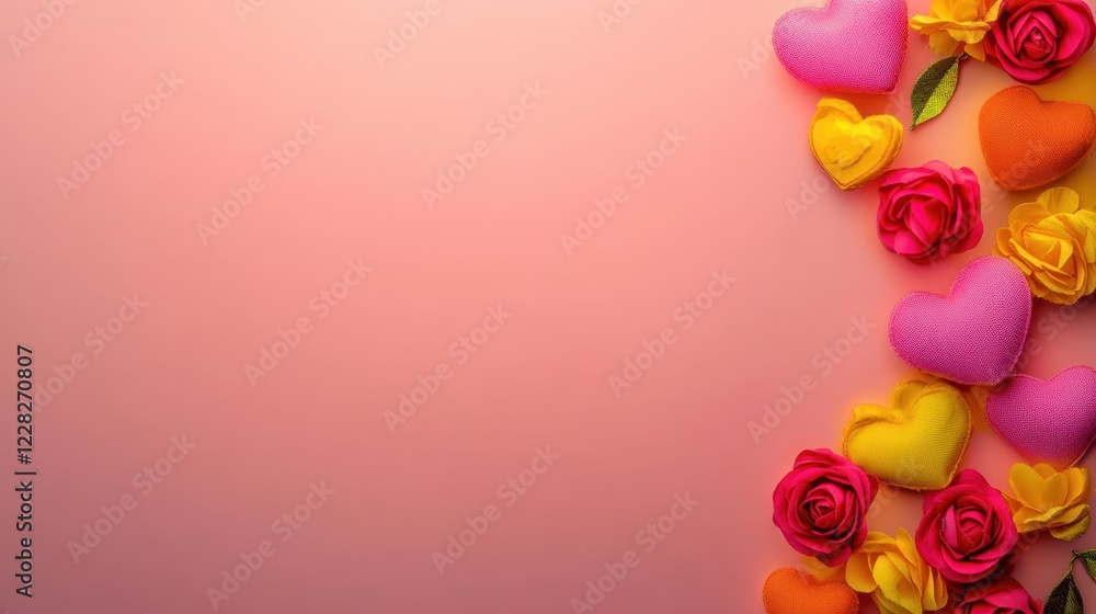 Obraz premium A romantic scene filled with vibrant roses and playful hearts against a soft pink backdrop, capturing the essence of love and celebration on Valentine's Day.