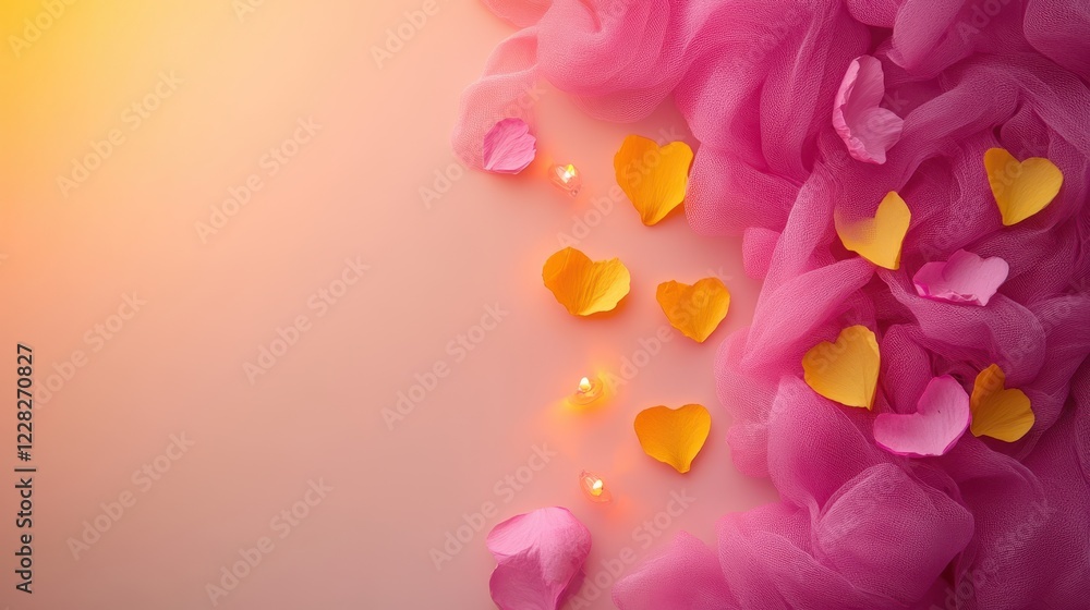 A whimsical scene filled with vibrant hearts and delicate petals, set against a soft pink backdrop, capturing the essence of love and romance. A whimsical scene filled with vibrant hearts and delicate petals, set against a soft pink backdrop, capturing the essence of love and romance.