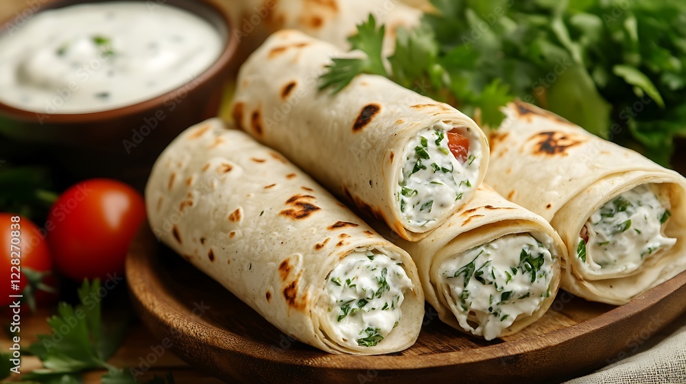 A plate of vegetarian wraps with fresh herbs and creamy dip A plate of vegetarian wraps with fresh herbs and creamy dip