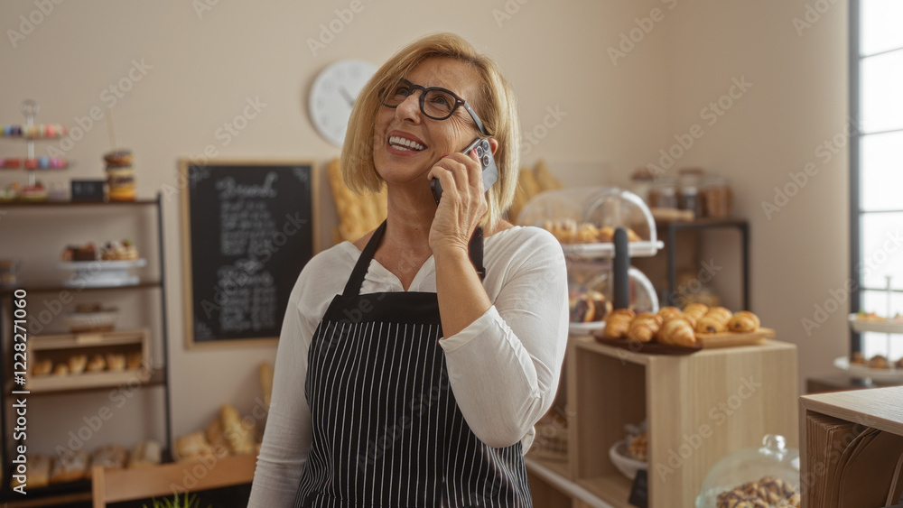 Woman talking on phone in bakery with pastry in background, indoor setting with smiling, blonde, middle-aged, caucasian, short-haired woman, coffee shop environment. Woman talking on phone in bakery with pastry in background, indoor setting with smiling, blonde, middle-aged, caucasian, short-haired woman, coffee shop environment.