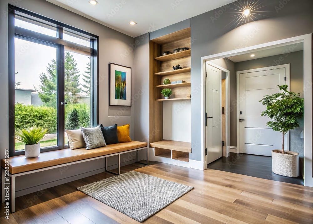 Fototapeta premium Modern Entryway Bench with Hidden Storage: Stylish & Functional Home Design