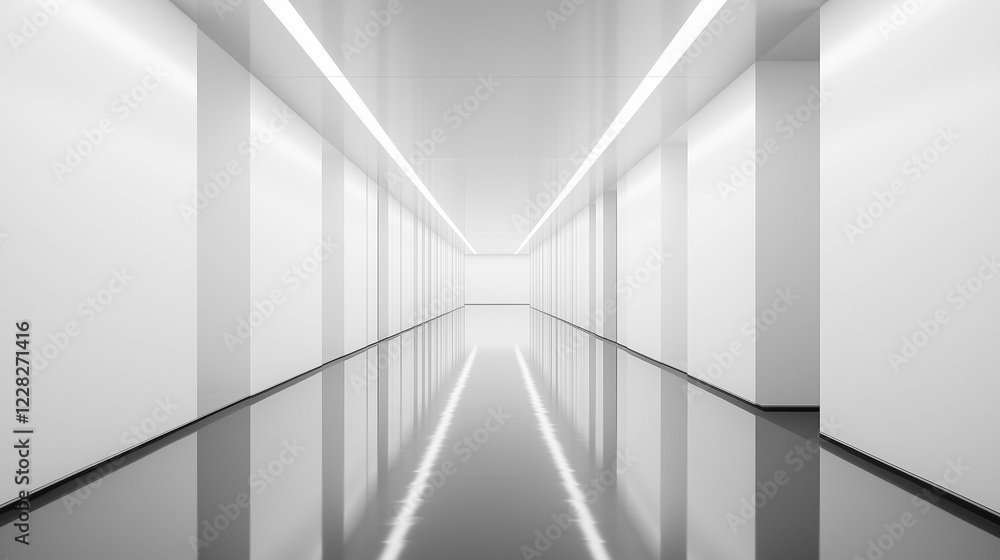 Fototapeta premium Modern hallway with reflective floors and bright lighting