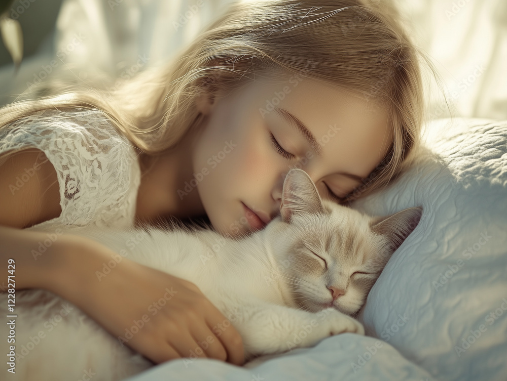Jeune femme dormant avec son chat Jeune femme dormant avec son chat