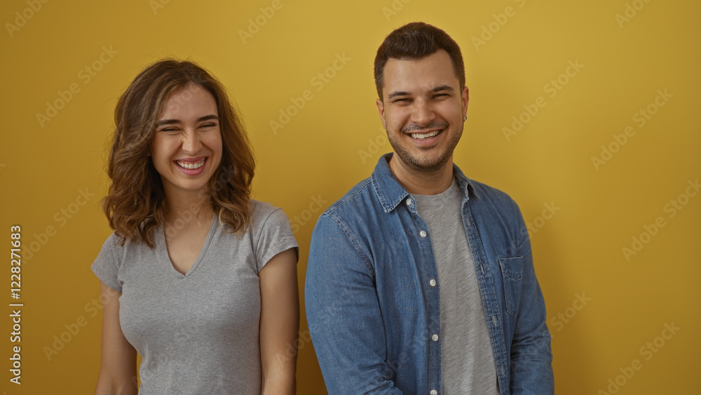 Smiling man and woman standing together against a yellow background, showcasing their happy relationship and bright expressions in a cheerful, relaxed setting. Smiling man and woman standing together against a yellow background, showcasing their happy relationship and bright expressions in a cheerful, relaxed setting.