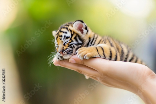 Bébé tigre endormi tenu sur une main photo