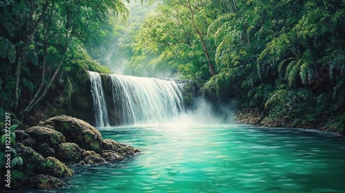 Lush jungle waterfall pool, misty rainforest background; nature travel