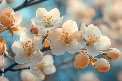 A tranquil spring equinox morning with vibrant blooming flowers in full bloom, creating a serene and peaceful atmosphere