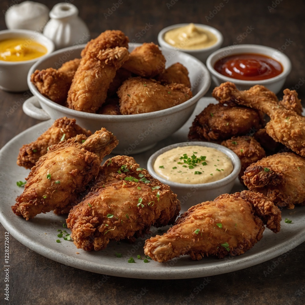 homemade fried chicken with dipping sauceClose-up of crispy fried popcorn chicken pieces on a wooden platter, garnished with parsley and dipping sauces homemade fried chicken with dipping sauceClose-up of crispy fried popcorn chicken pieces on a wooden platter, garnished with parsley and dipping sauces