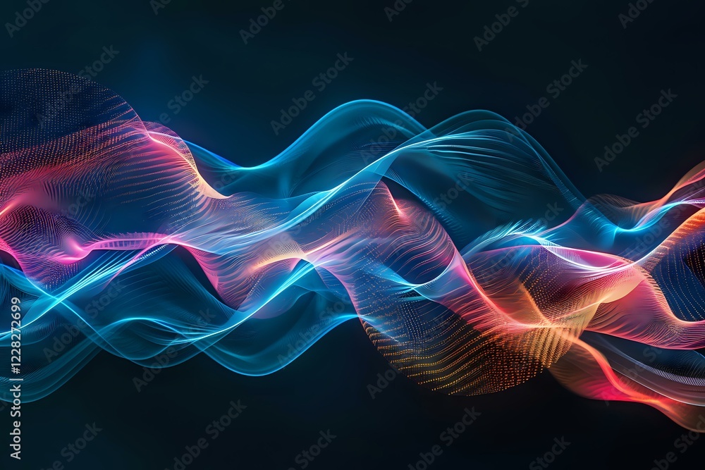 Fototapeta premium Dynamic flowing waves of neon blue and pink light create abstract pattern against dark background, featuring smooth curves and glowing energy lines.