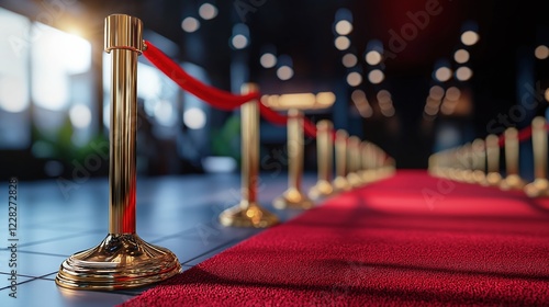 Red carpet with golden stanchions in elegant event setting with blurred lights and luxurious atmosphere photo