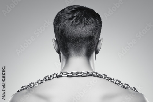 Back view of a man with short hair wearing a chain around his neck, set against a gradient gray background. Concept of oppression and strength photo