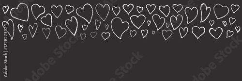 Hand drawn Valentines heart with chalk, crayon, grunge texture banner. Vector stoke illustration isolated on black background for decoration template wedding greeting card, invitation, menu.