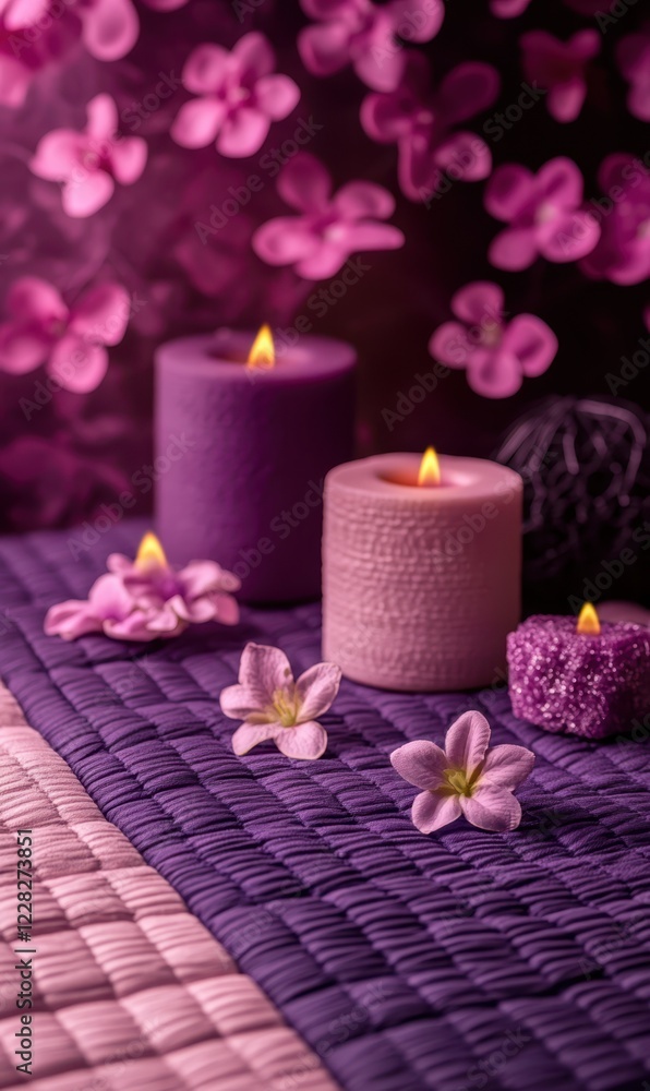 A romantic setting adorned with purple candles and delicate flowers, creating a serene atmosphere perfect for a Valentine's Day celebration. A romantic setting adorned with purple candles and delicate flowers, creating a serene atmosphere perfect for a Valentine's Day celebration.