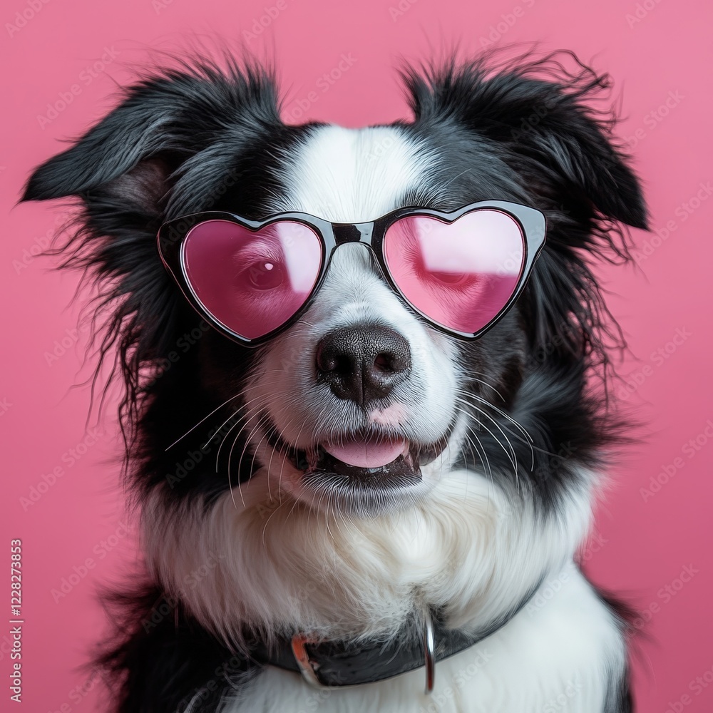 A black-and-white dog wearing pink heart-shaped sunglasses, radiating fun and love. Perfect for Valentine's promotions. A black-and-white dog wearing pink heart-shaped sunglasses, radiating fun and love. Perfect for Valentine's promotions.