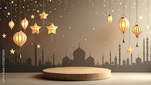 Ramadan Display Podium with Hanging Lanterns and Stars - Ramadan Podium Adorned With Hanging Lantern Decorations Against A Ramadan-Themed Background, Serving As A Versatile Product Display Mockup