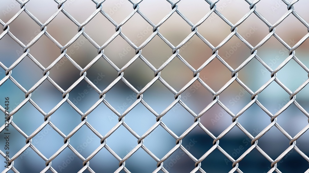 Closeup of metal chain link fence with blurred urban background, industrial barrier texture for security concept Closeup of metal chain link fence with blurred urban background, industrial barrier texture for security concept