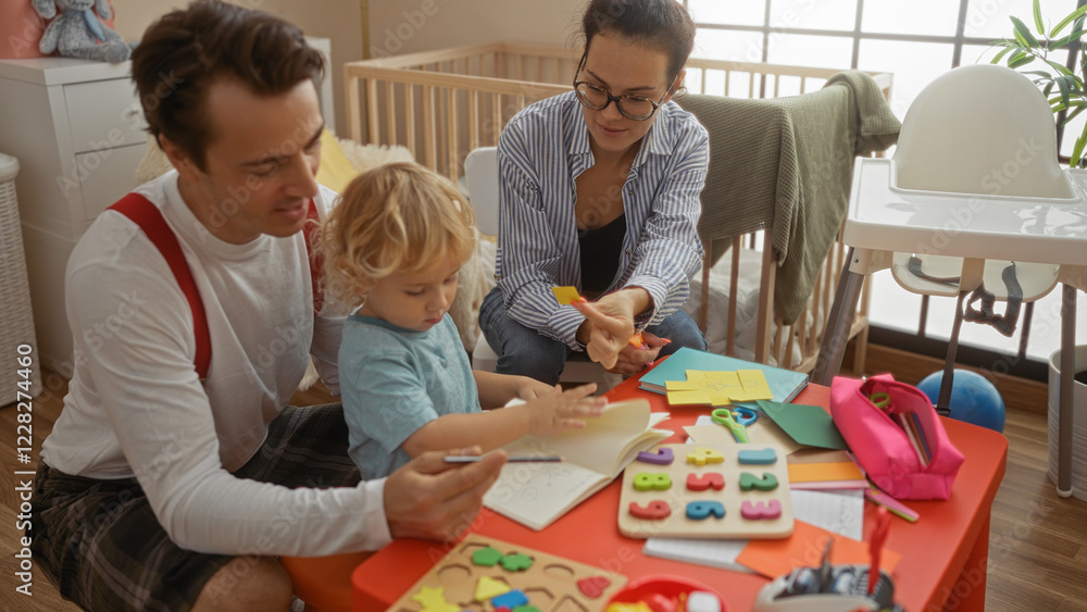 Mother and father engaging with their young son in creative activities at home in a colorful living room filled with educational toys and books