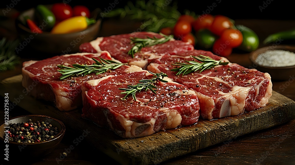 Raw marbled ribeye steaks seasoned with rosemary and peppercorns on rustic wooden cutting board, dramatic dark food photography with fresh ingredients. Raw marbled ribeye steaks seasoned with rosemary and peppercorns on rustic wooden cutting board, dramatic dark food photography with fresh ingredients.